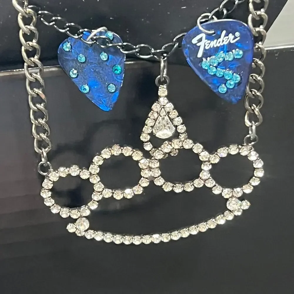 Handmade Rhinestone Guitar Pick Layered Necklace Adjustable One-of-a-Kind Piece